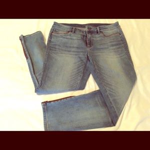 WHBM jeans with maroon leather detail